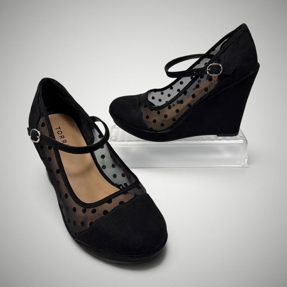 Torrid Dot Mesh Platform Wedge Black Women's Extra Wide Size 8.5WW